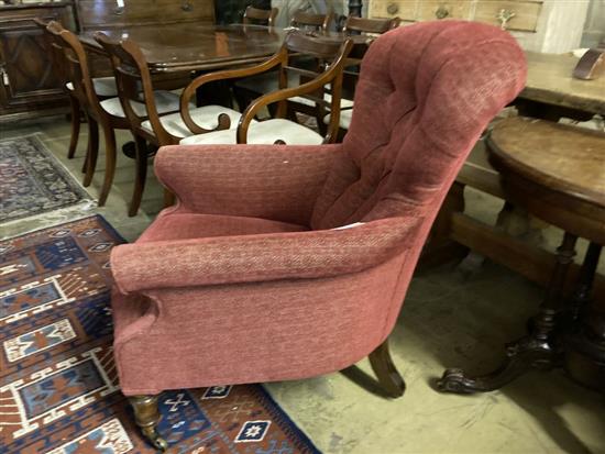 A Victorian red dralon upholstered buttoned back nursing chair, width 74cm, depth 80cm, height 94cm